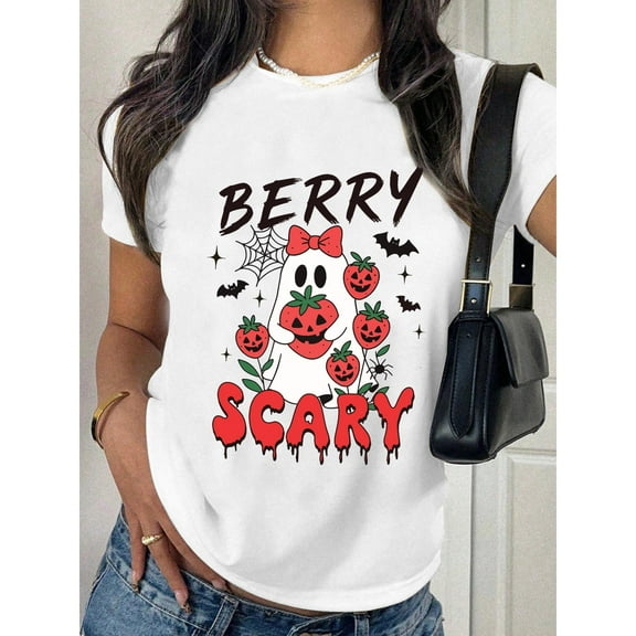 Berry Scary T-Shirt Graphic Tee Halloween Top Adorable Ghost Strawberry Pumpkin Casual White S-5XL