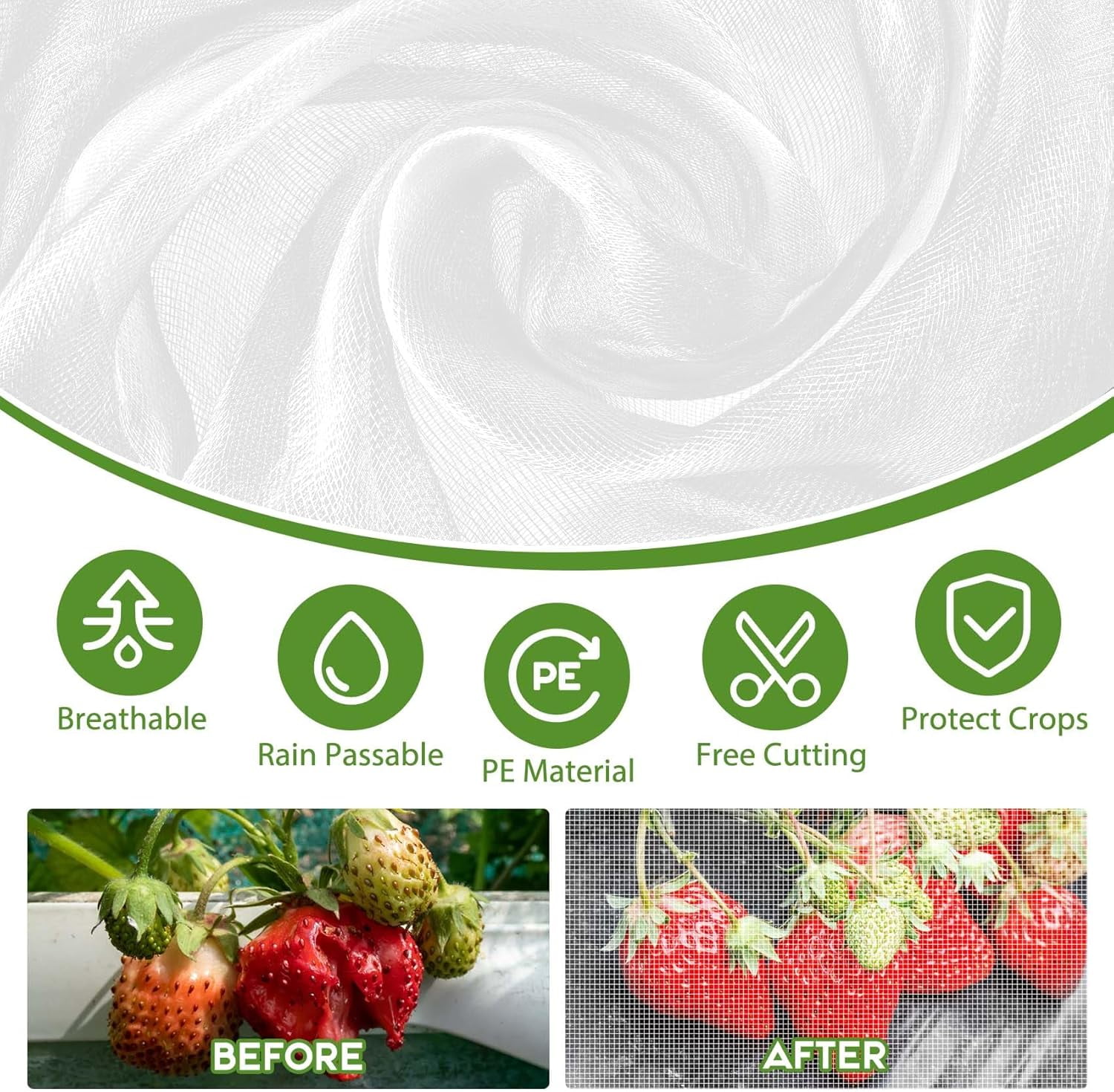 Garden Netting, 10 x 50 Ft Insect Bird Netting for Garden Protection, Ultra Fine Mesh Mosquito Net for Patio Vegetable Plants Fruit Tree, Birds Pests Bugs Plant Covers