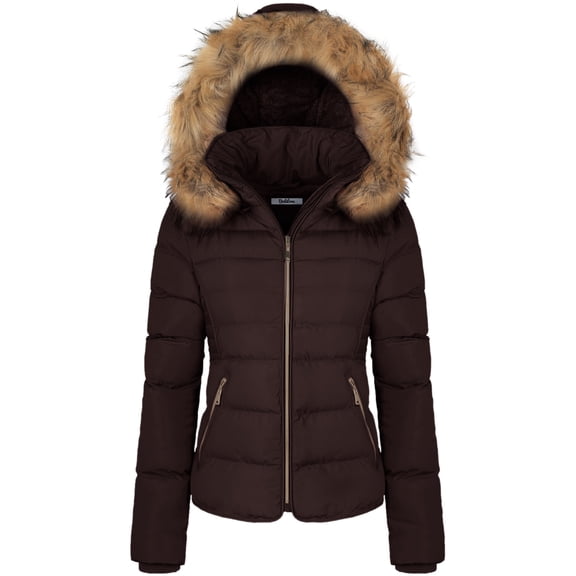 BodiLover, Women's, Fur Hooded Utility Jacket With Zipper and Fannel Lining, Chocolate, L
