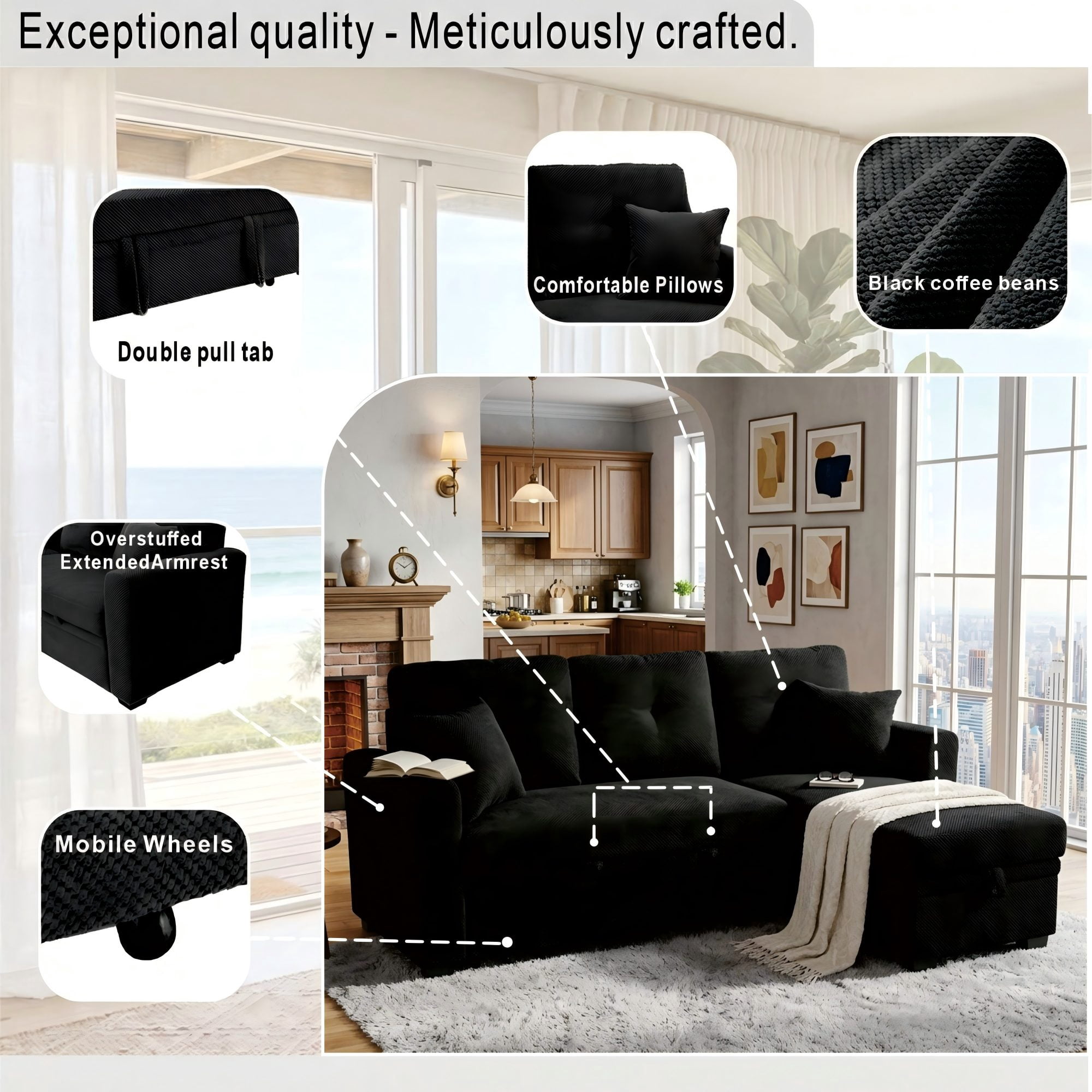 BSHTI 71"Foil Fabric L-Shaped Pull-Out Sleeper Sofa Bed with Reversible Chaise, Hidden Storage for Living Room（Black）