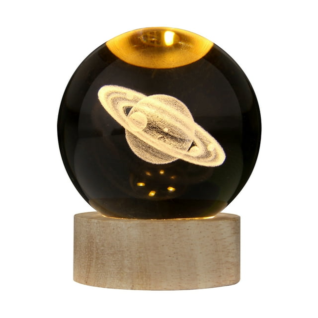 TFixol Solar System Glow Night Light with Wooden Base - 3D Crystal Ball, Saturn Design, USB-Powered Desk Decor, Warm Light, 6cm Ball & Base, Perfect Gift for Any Occasion