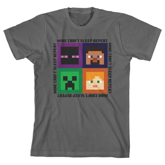 Minecraft Sleep Repeat Boy's Charcoal T-shirt-Medium