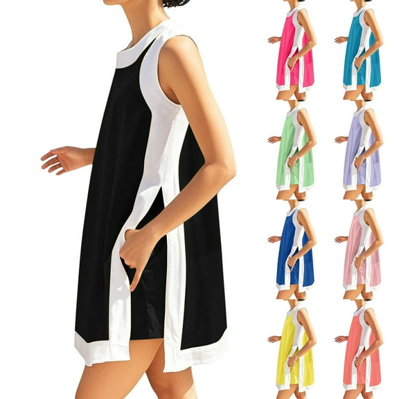 Simua Women's 2 Piece Sets Casual Color Block Crewneck Sleeveless Pullover Tops Matching Shorts with Pockets