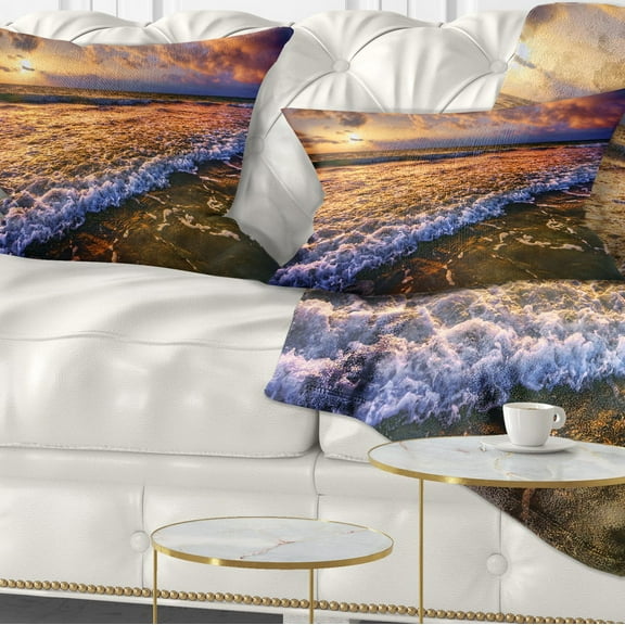 Designart Beautiful Sunset with White Waters - Seashore Throw Pillow - 12x20