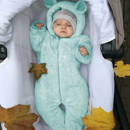 

ZXHACSJ Newborn Baby Boy Winter Fleece Jumpsuit Solid Hooded Romper Warm Coat Outwear Blue 80