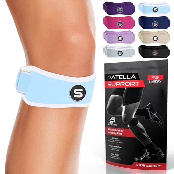 Rodillera de la marca sueca Sleeve Stars para el tendón rotuliano, eficaz para mujeres y hombres, con 3 longitudes ajustables para jóvenes y niños de 30 a 60 cm (par/azul claro/adulto)