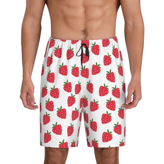 Balery Cartoon Strawberry Pantalones cortos de pijama de punto de algodón para hombre con cinturilla y bolsillos-Small