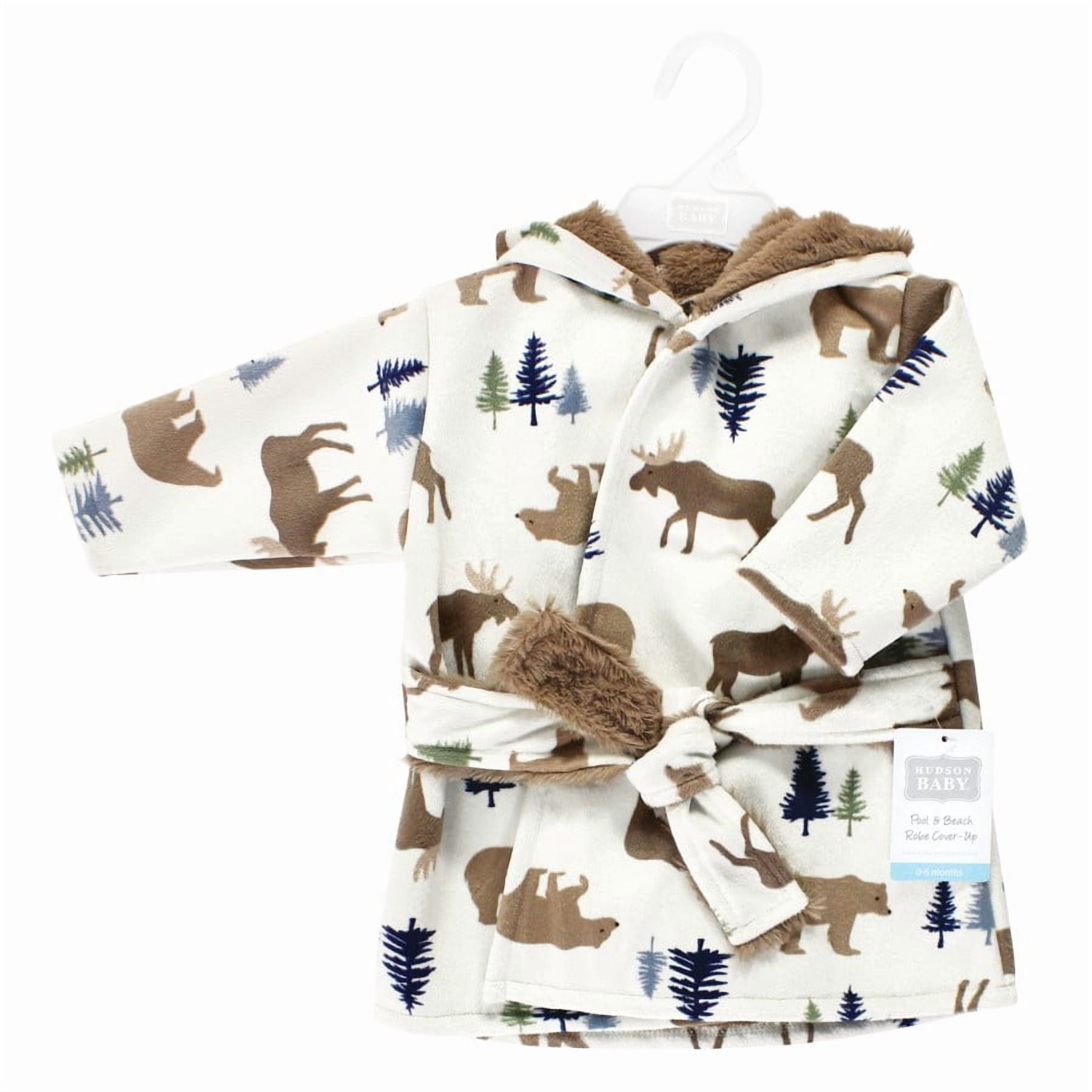 Hudson Baby Infant Boy Mink with Faux Fur Lining Pool and Beach Robe Cover-ups, Moose Bear, 0-6 Months