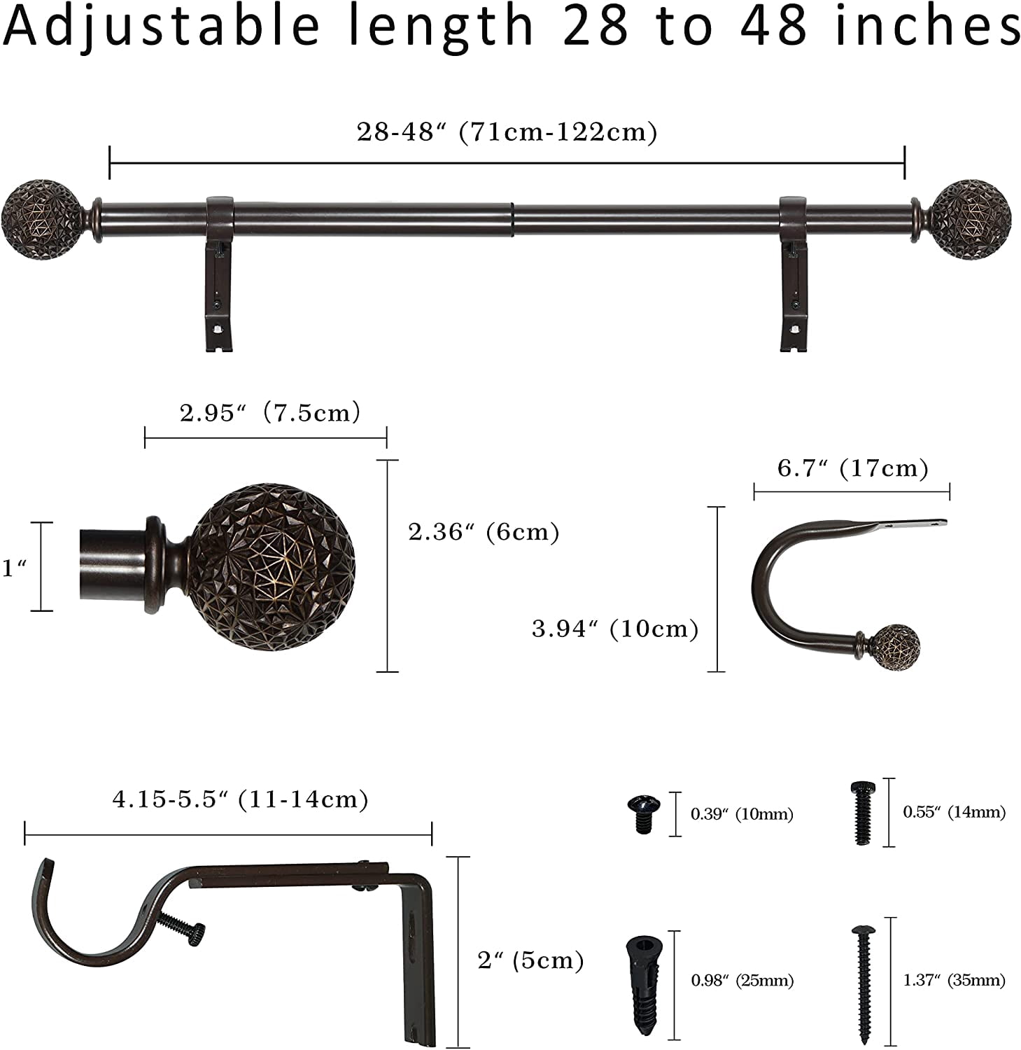 eTeckram 1" Curtain Rod with Torre Finials - 28" to 48", Bronze Gold