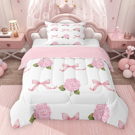 Erosebridal Garden Hydrandrea Flower Twin Comforter Sets for Girls, Kawaii Pink Bow-Tie Bedding Set, Pink Reversible 2 Pieces, 1 Comforter and 1 Pillowcase