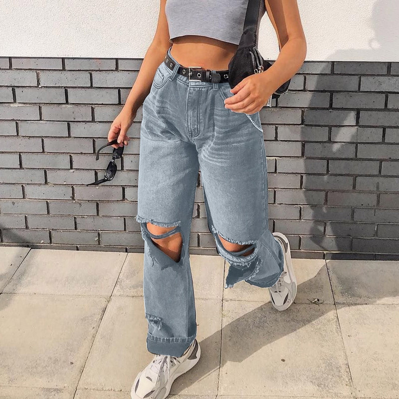 CBGELRT Vintage Jeans for Women High Waist Female Western Wear for Women  Women's Jeans High Waist Jeans Trousers High Straight Loose Retro Loose  Hole Jeans Pants 