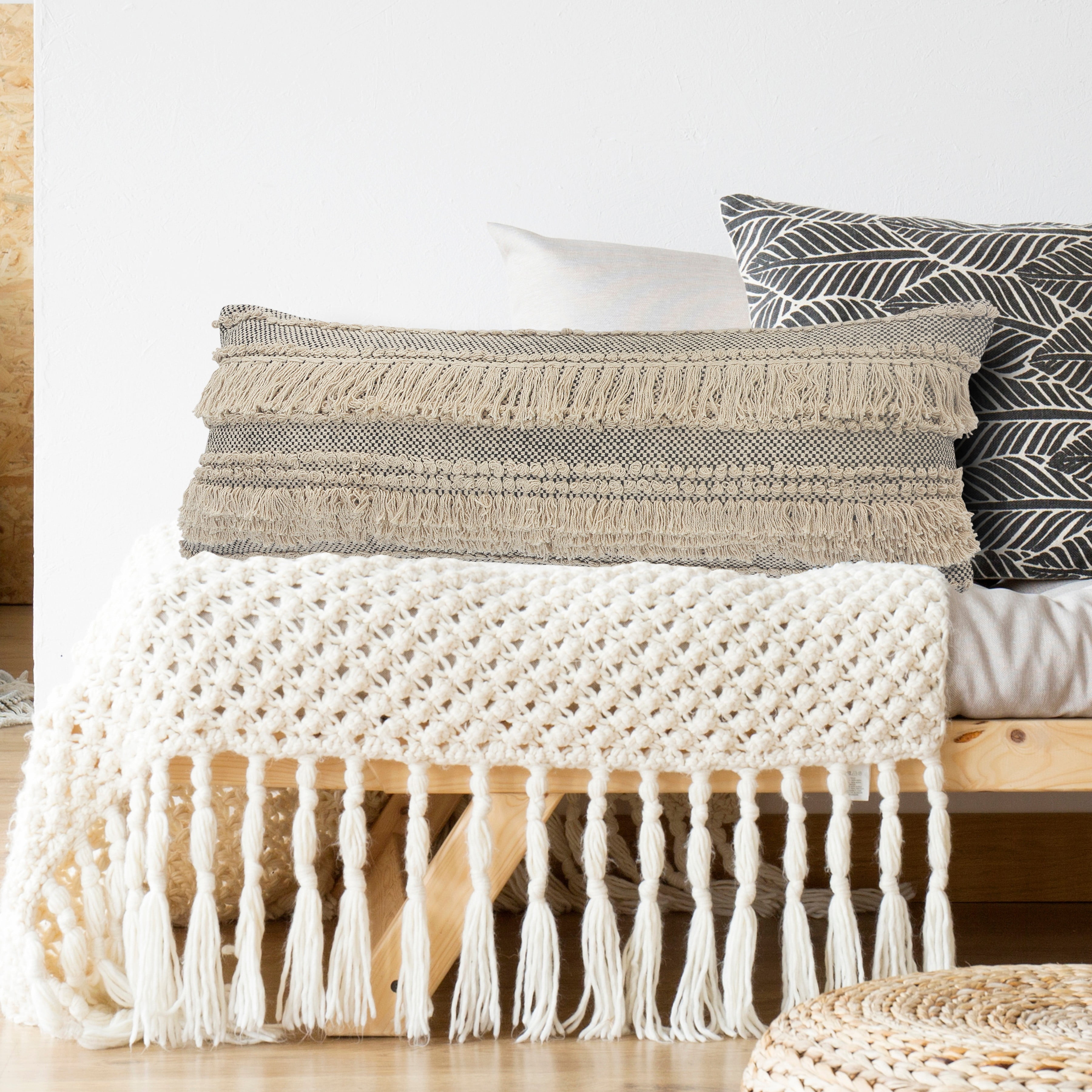 LR Home Elia Natural/Black Striped Cotton Fringed Adult Decorative Lumbar Pillow