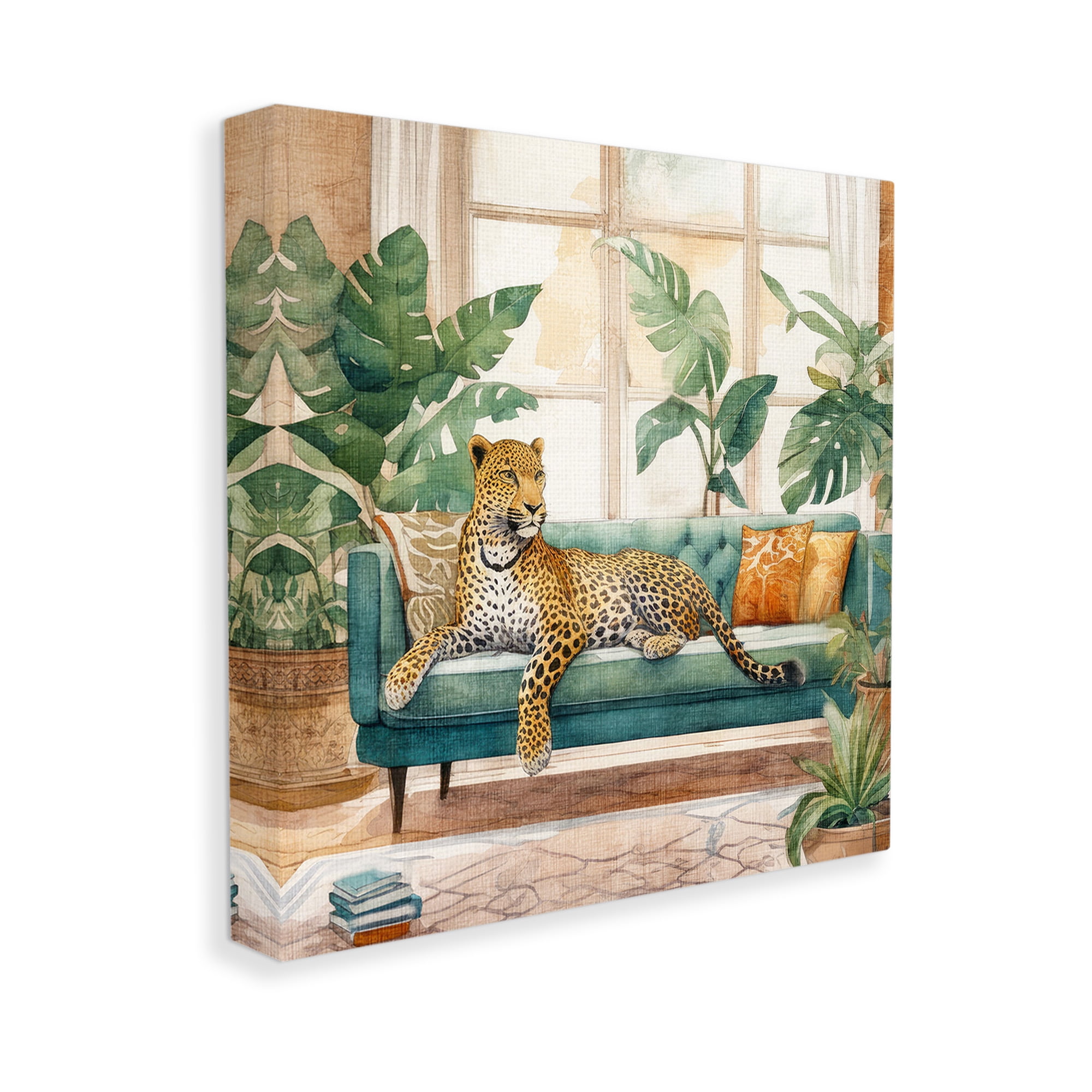 Stupell Industries Leopard & House Plants Animals & Insects Painting Gallery Wrapped Canvas Art Print Wall Art, 17 x 17