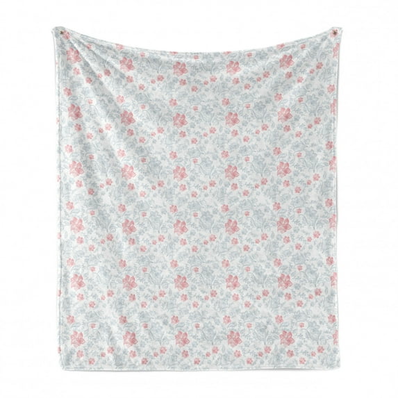 Pink Floral Soft Flannel Fleece Throw Blanket, Pastel Design Creative of Delicate Petals and Leaves, Cozy Plush for Indoor and Outdoor Use, 50" x 60", Dried Rose Blue Grey, by Ambesonne