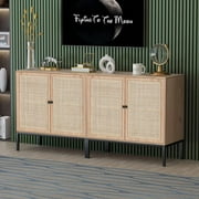 Brafab 63 Buffet Sideboard Cabinets, 4 Door Rattan Storage Cabinet Accent Entryway Chest Console Table Liquor Wood Cupboard for Dining Room, Living Room, Kitchen,63 X 31.5 X 15.75 Inches,Oak Color