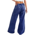 thumbnail image 4 of Elastic Waist Women Drawstring Mid Rise Wide Leg Long Denim Pants Jeans with Pocket, 4 of 5