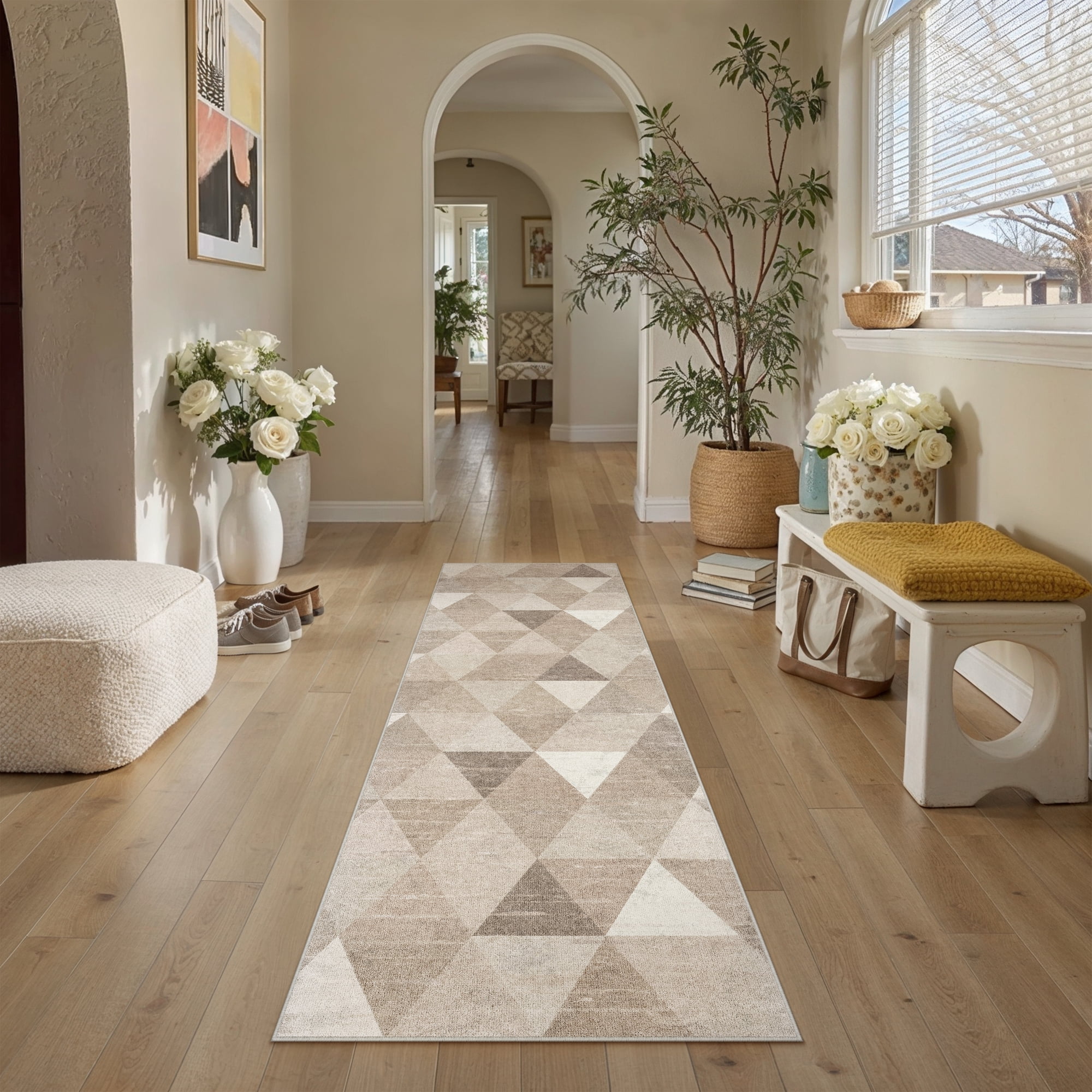 BERTHMEER 2'x8' Runner Rugs for Hallway Bathroom Bedroom Entryway Kitchen Non Slip Washable Checkered pattern Rugs Light Brown Beige Modern Contemporary Geometric Runner Rugs