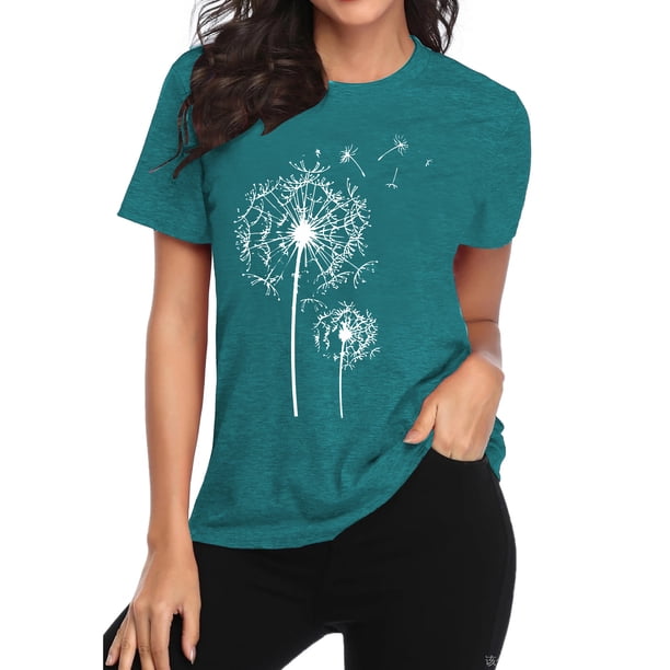 Anbech Women's Just Breathe Graphic T-Shirt – Dandelion Print, Soft Cotton Blend, Casual Summer Tee