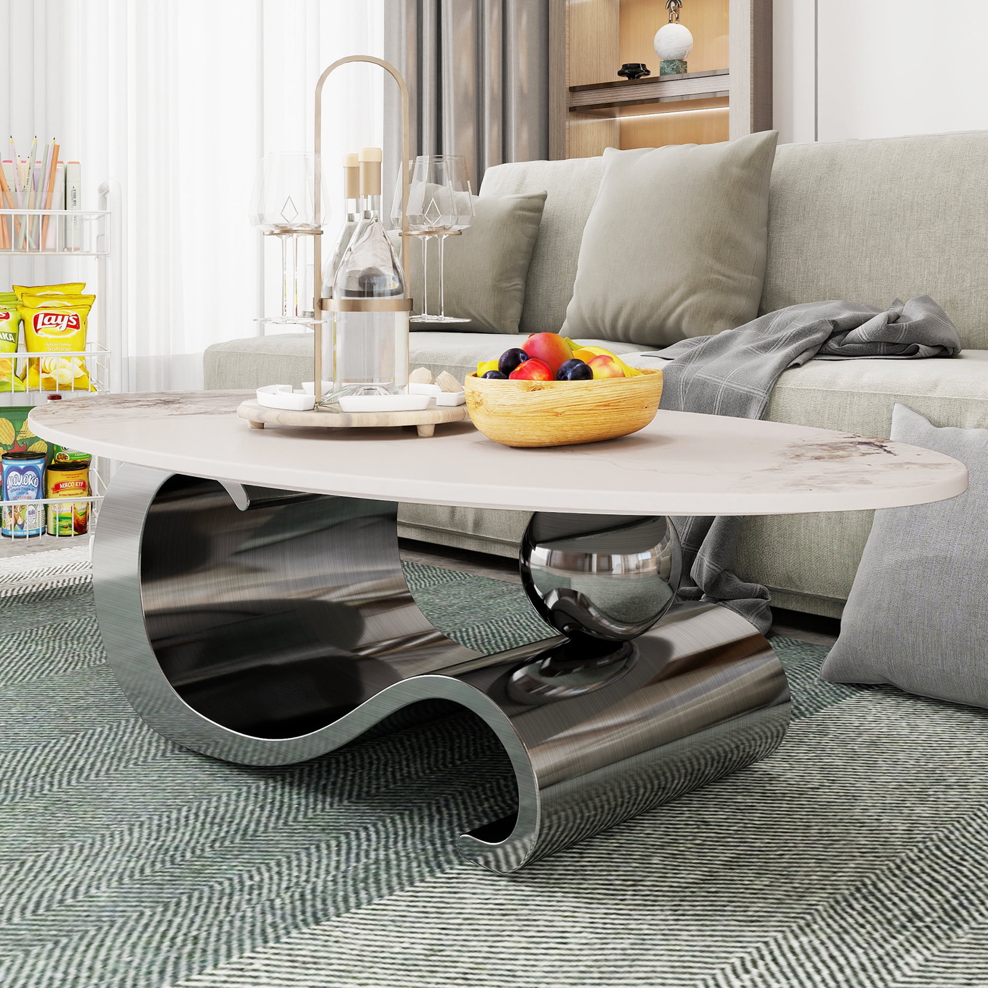HIUU White Marble Coffee Table for Living Room,Oval Coffee Table with Grey Stainless Steel Base for Living Room
