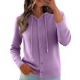 thumbnail image 4 of Women's Hooded Cardigan Sweater Long Sleeve Button Front Knit Casual Open Front Cardigans with Drawstring Purple M, 4 of 6