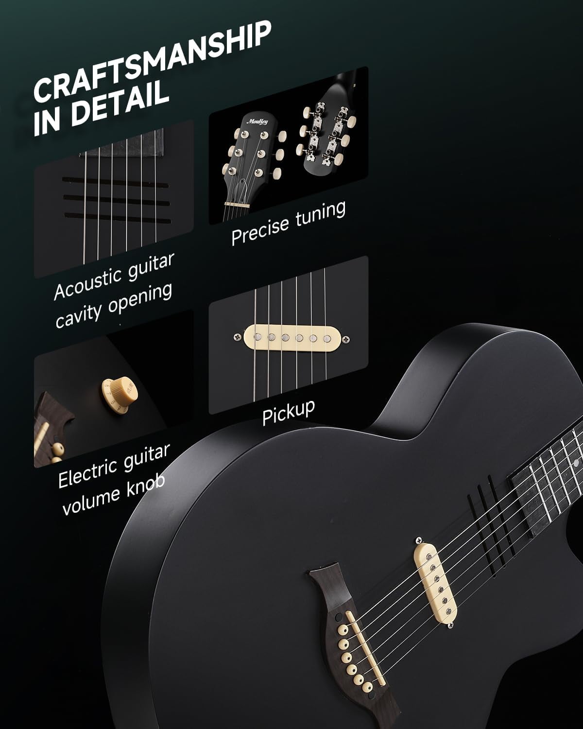 Moukey Acoustic Electric Guitar 39-Inch, Cutaway Guitar with Passive Pickup, Gig Bag, Strap, Picks, Tuner, and Capo, Black
