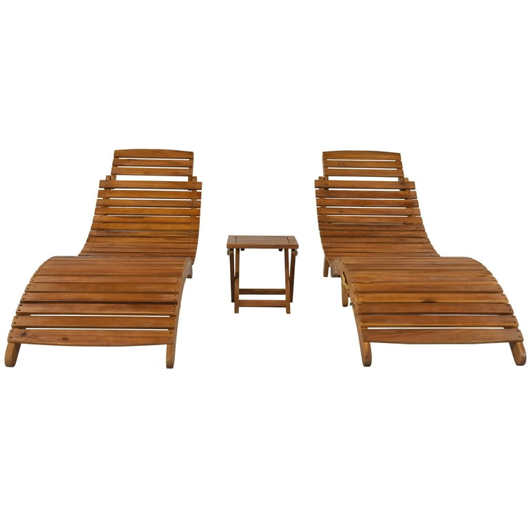 3 Pieces Outdoor Chaise Lounge Set Wood Patio Furniture Set Extended 2 Foldable Chaise Lounge Chair with 1 Table Sun Lounger for Poolside Beach