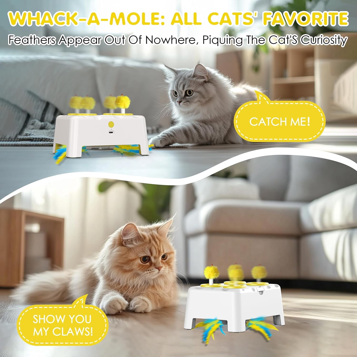 2-in-1 Interactive Cat Toys for Indoor Cats,Automatic Kitten Toy,4 Holes Mole,Rotating Feather, Rechargeable USB Interactive Cat Feather Toys for Bored Indoor Cats