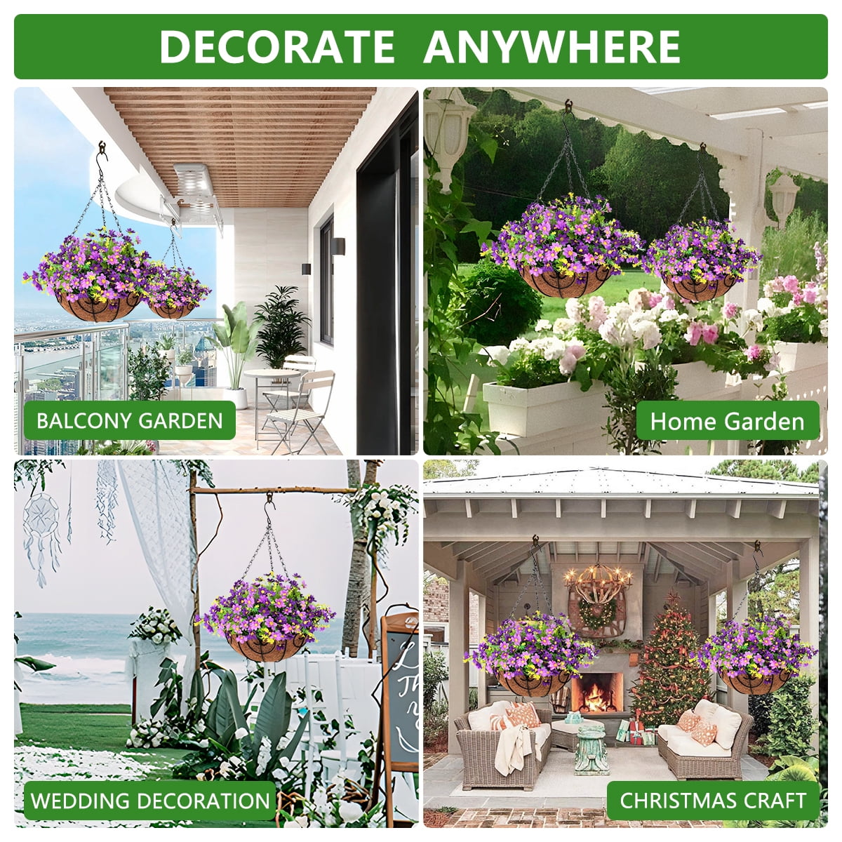 Artificial Hanging Flowers in Basket Outdoor Indoor Patio Lawn Garden Decor, Hanging Daisy Basket with 12inch Coconut Lining Chain Flowerpot (Purple)