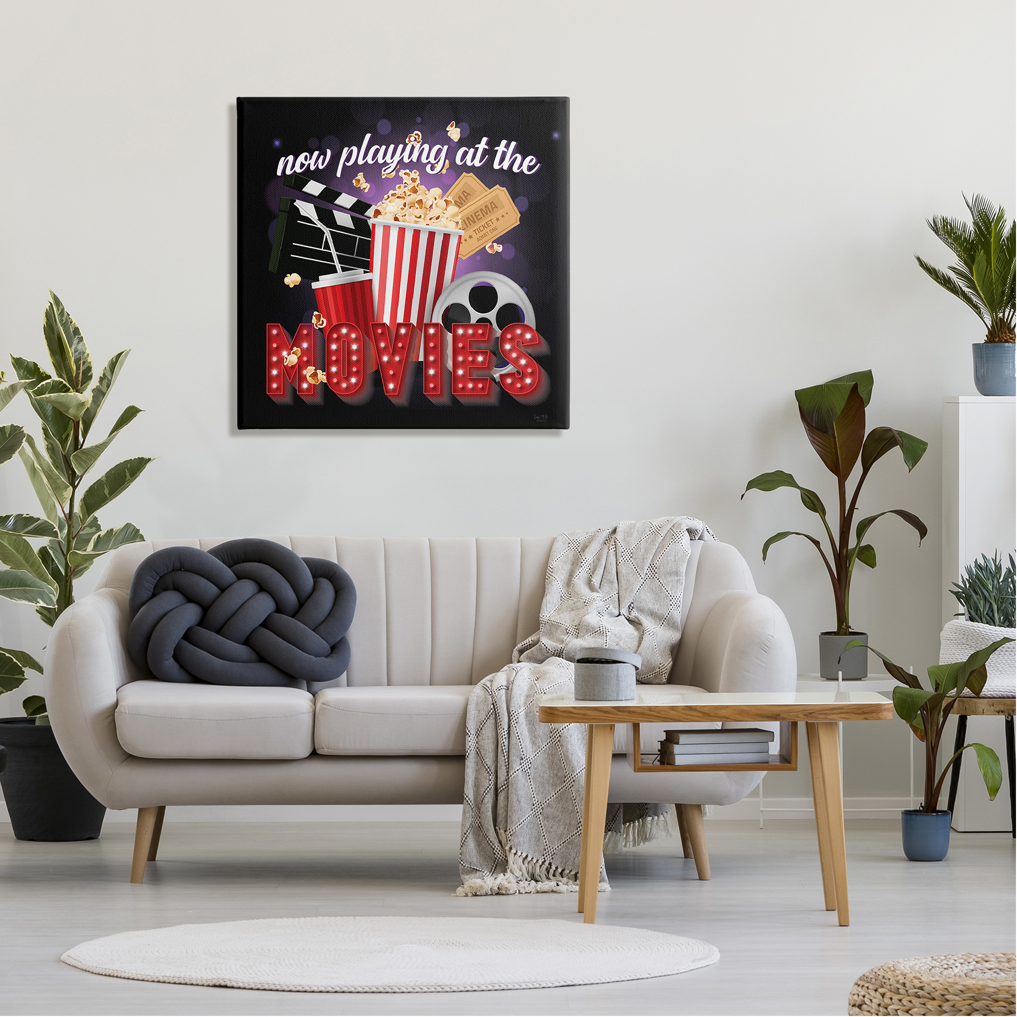 Stupell Industries Now Playing Movies Sign Food & Beverage Painting Gallery Wrapped Canvas Print Wall Art, 30 x 30