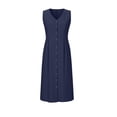 thumbnail image 7 of successthop Dresses for Women Linen Button Up Sleeveless Ankle Length Clothes Flowy V Neck Summer Dress with Pocket Blue, 7 of 7