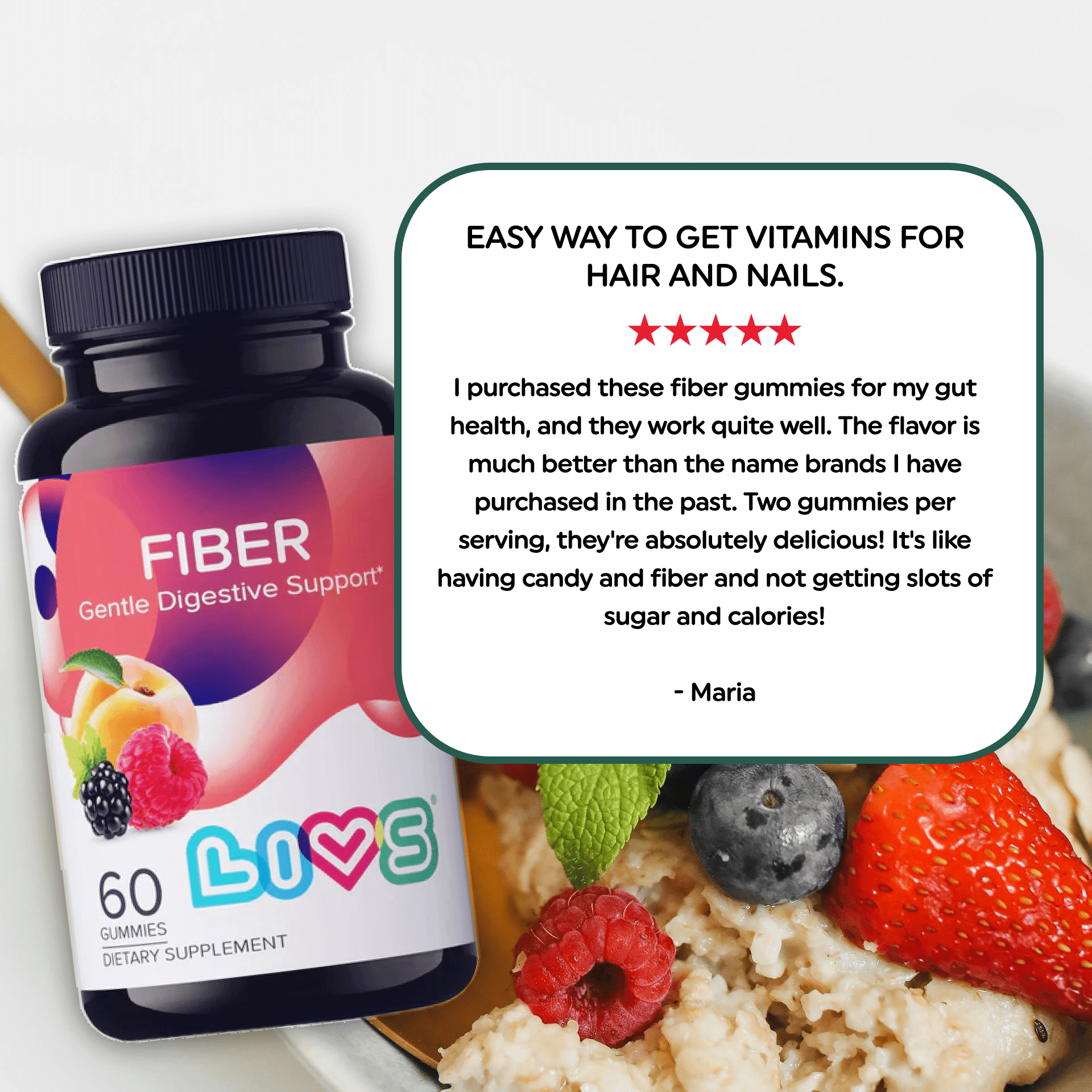 LIVS Fiber Gummies for Adults, 3g Prebiotic Inulin for Gut Health, Regularity & Weight Management Support, Vegan, 120 Count with 60 Servings