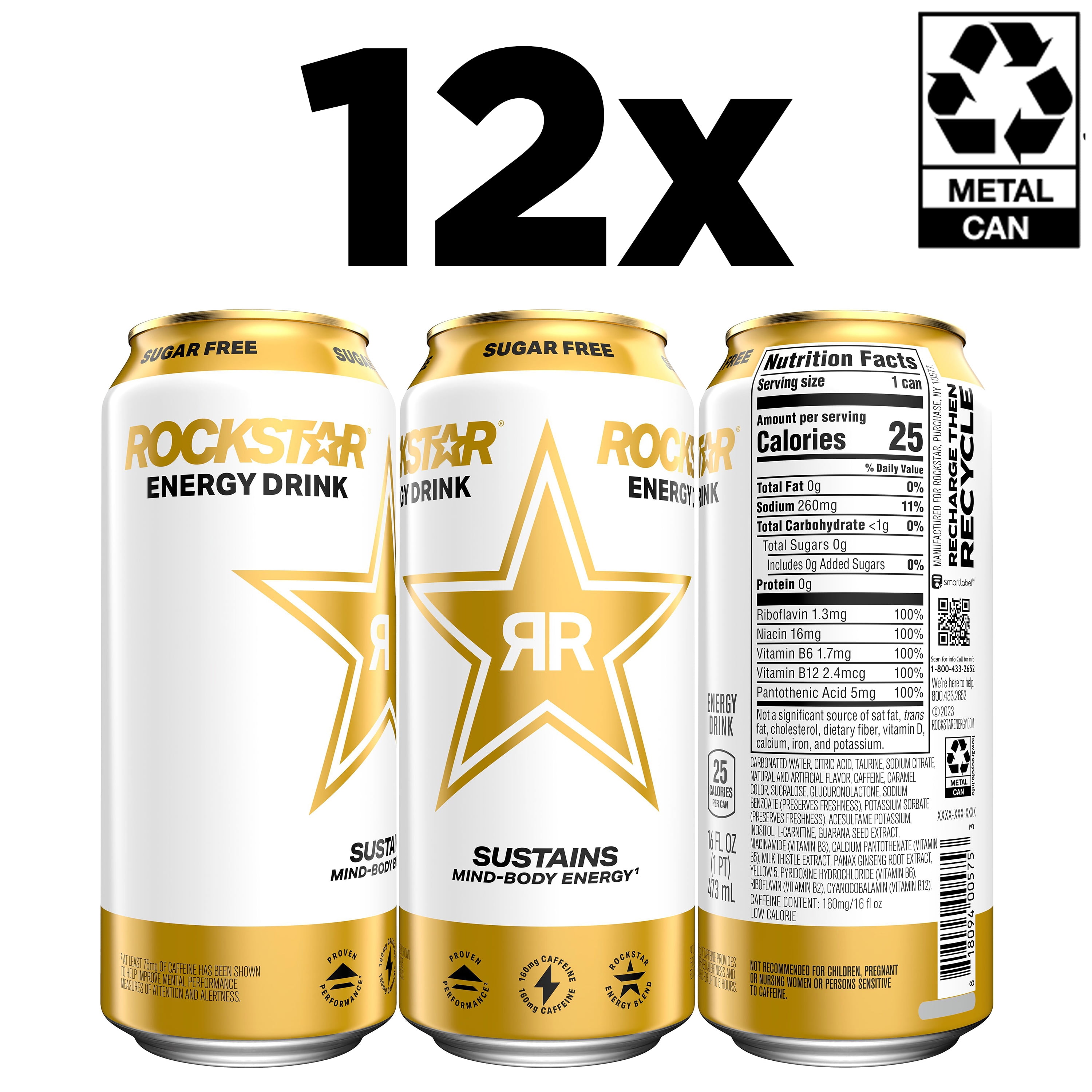 Rockstar Sugar Free Energy Drink, 16 fl oz, 12 Pack Cans