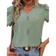 thumbnail image 1 of Camiseta con cuello en V para mujer, mangas cortas de pétalos, botón frontal, blusas holgadas informales caladas, Color oliva XXL, 1 of 6