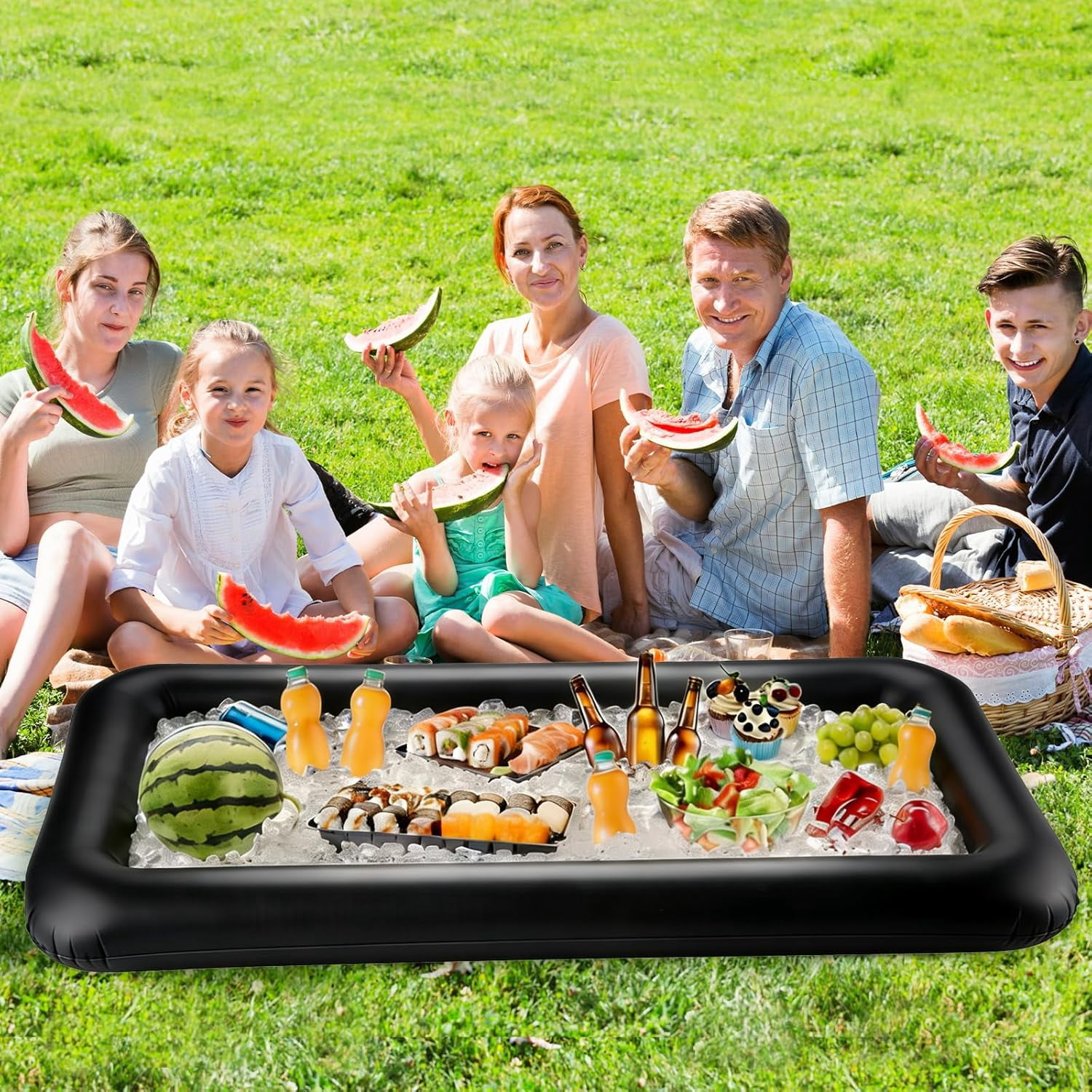 Large Inflatable Ice Serving Bar for Food, Drinks, Salad, Floating Buffet Cooler Tray with Drain Plug for Pool Party, BBQ, Picnic, Camping, Beach, and Outdoor Supplies Black