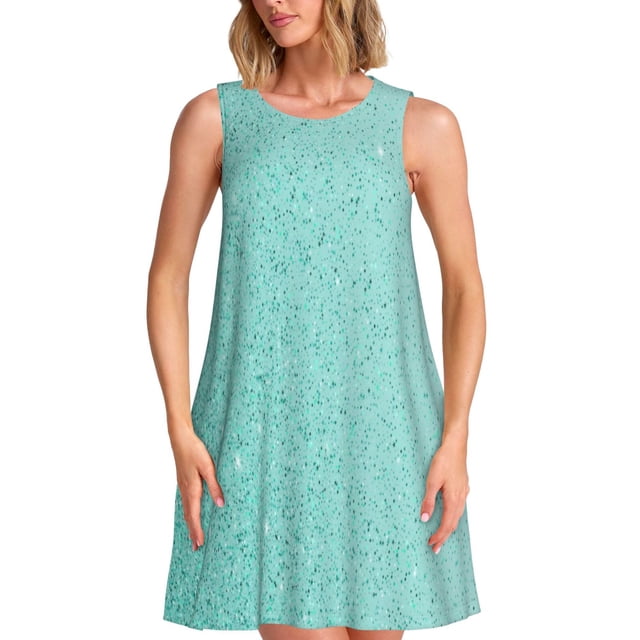 Fotbe Teal Turquoise Glitter Vestido de Verano sin Mangas para Mujer – Vestido Midi Línea A, Estilo Camiseta Floral, Vestido Playero Casual y Fluido