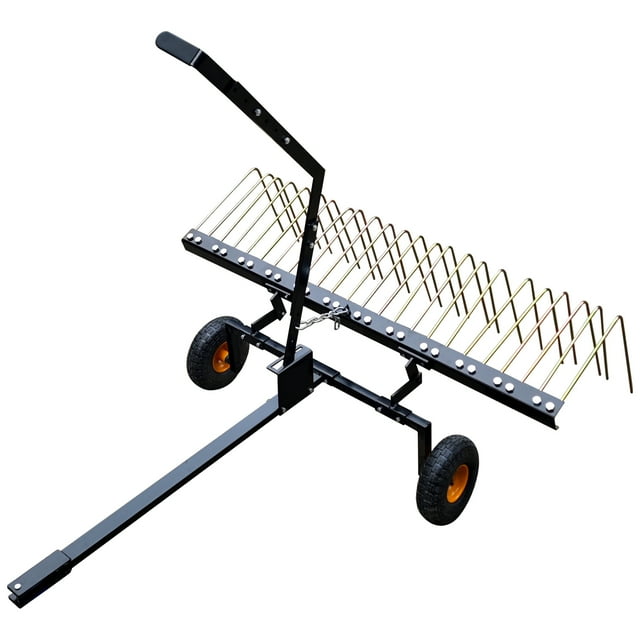 Yiwa Tow-Behind Pine Straw Rake, 60-Inch Lawn Tractor Attachment with Lift Handle and 24 Durable Steel Tines