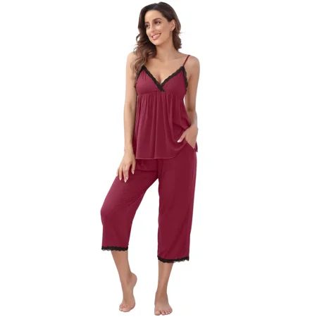 

Elegant Lace Trim Solid Pajamas V Neck Slip Top & Elastic Waistband Crop Pants Women‘s Loungewear & Sleepwear