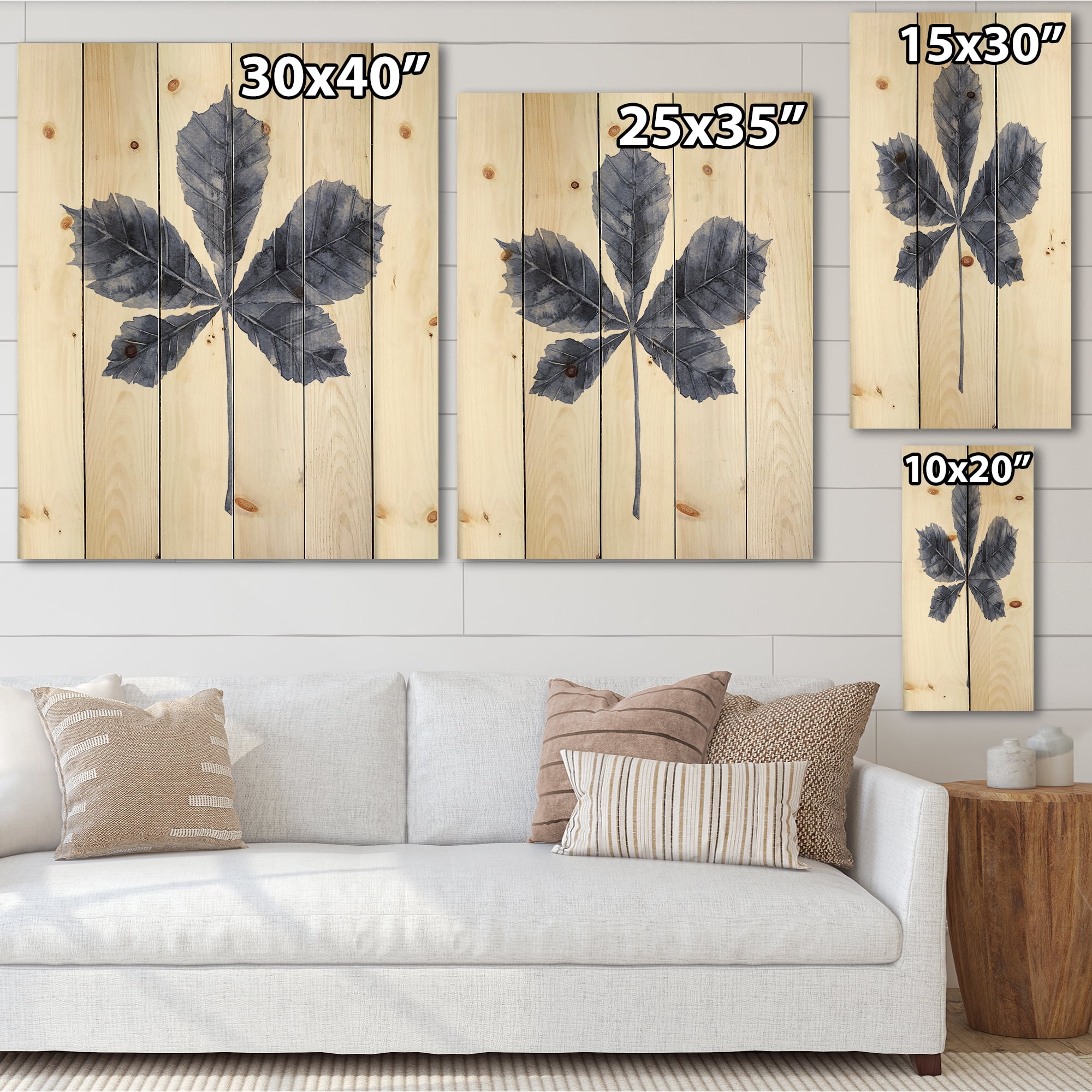 Designart 'Navy Blue Chestnut Leaf On White' Traditional Print on Natural Pine Wood