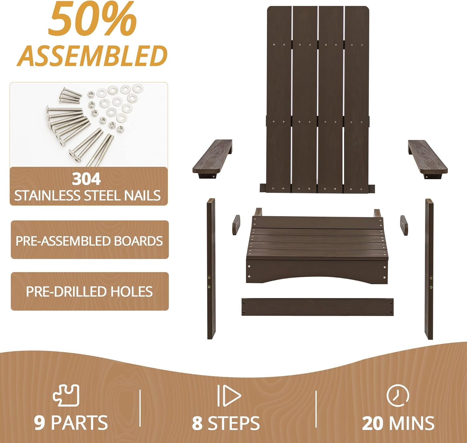 Dycanpo Folding Adirondack Chairs Set of 4, Hdps Poly Outdoor Chair Weather Resistant, Dark Brown