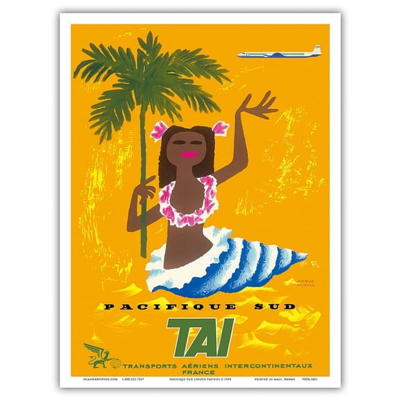 South Pacific (Pacifique Sud) - Transport Aeriens Internationaux (TAI) - Vintage Airline Travel Poster by Hervé Morvan c.1958 - Master Art Print (Unframed) 9in x 12in