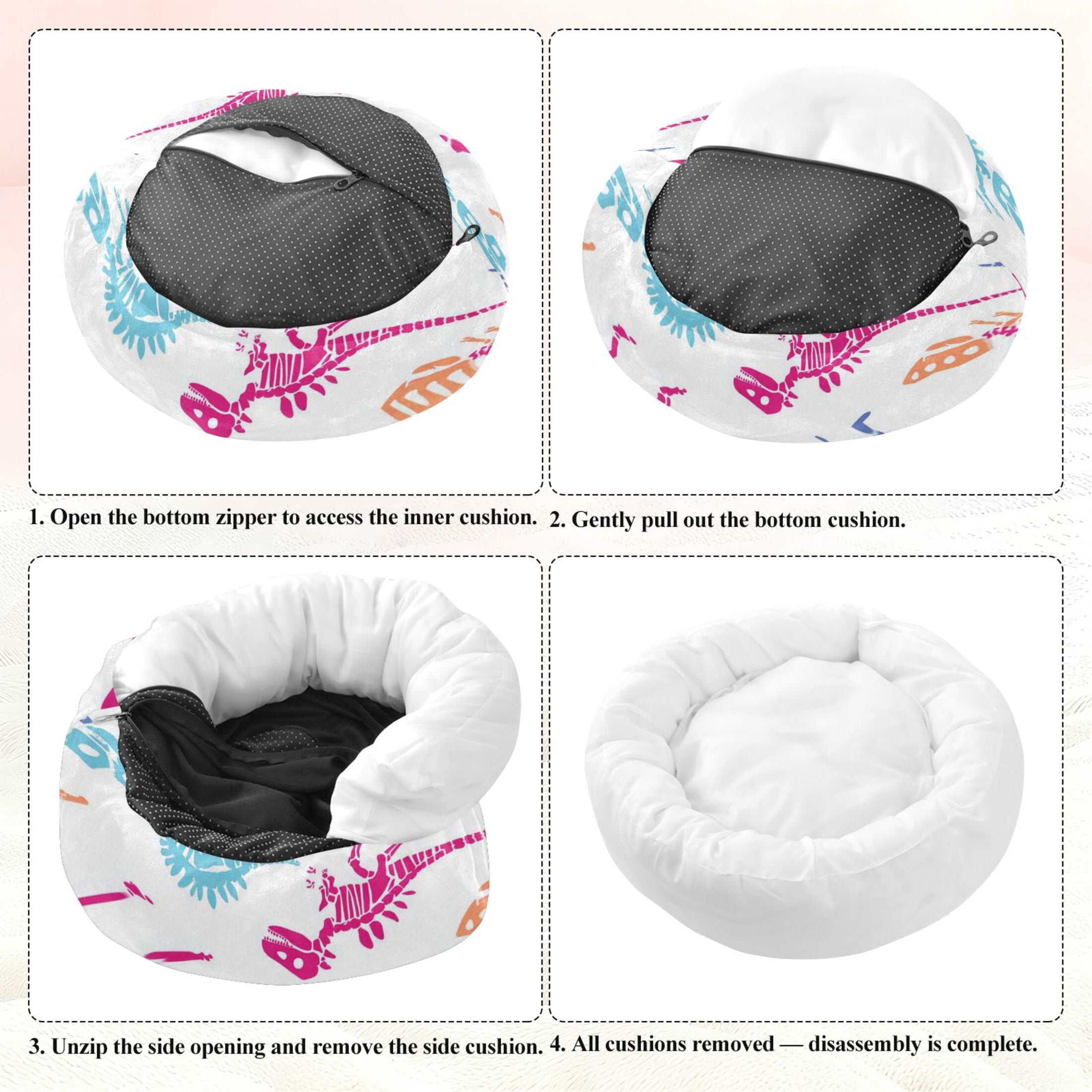 Iauyy Pet Couch Donut Cat Bed for Indoor Cats/Small Dogs Washable & Machine with Non-slip Bottom Calming Cat Furniture, Colorful Dinosaur Skeleton (XS)