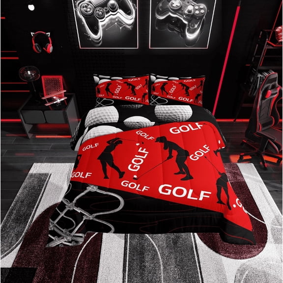 Erosebridal Golf Player Bedding Sets Twin with Comforter, Ball Sports Lover Duvet Insert, Black Red, Lightweight 2 Pieces