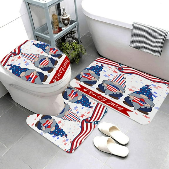 Independence Day Bathroom Mat Set 3PCS, Non Slip Toilet Cover and Shower Floor Rugs, Waterproof Anti Mold Bathroom Decor, 4th of July Holiday Home Bathroom Decoration