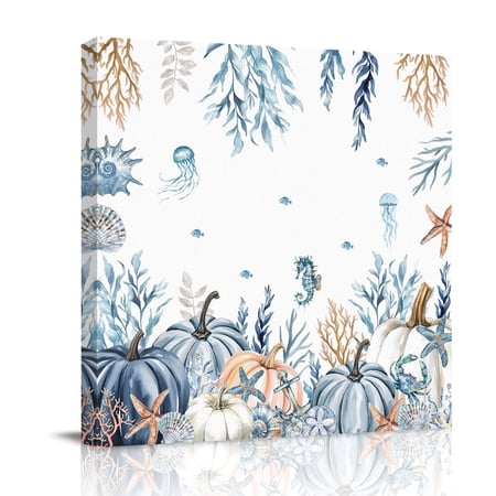 Canvas Wall Art Blue Pumpkin Coastal Fall Framed Canvas Prints for Bathroom Desk Thanksgiving Ocean Botanical Coral Small Gallery Wrapped Wall Decor for Home Office Gifts 8 x8 Ship Next Day