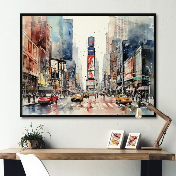 Designart "New York Cityscape Times Square II" Cityscapes Framed Wall Art - Industrial Orange New York Hallway Framed Wall Art Decor