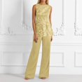 thumbnail image 5 of Women's Summer Solid Color Elegant Long Sleeve Crew Neck Lace Chiffon Floral Top and Wide Leg Pants Two Piece Pantsuit Wedding Guest Plus Size Yellow XXL, 5 of 5