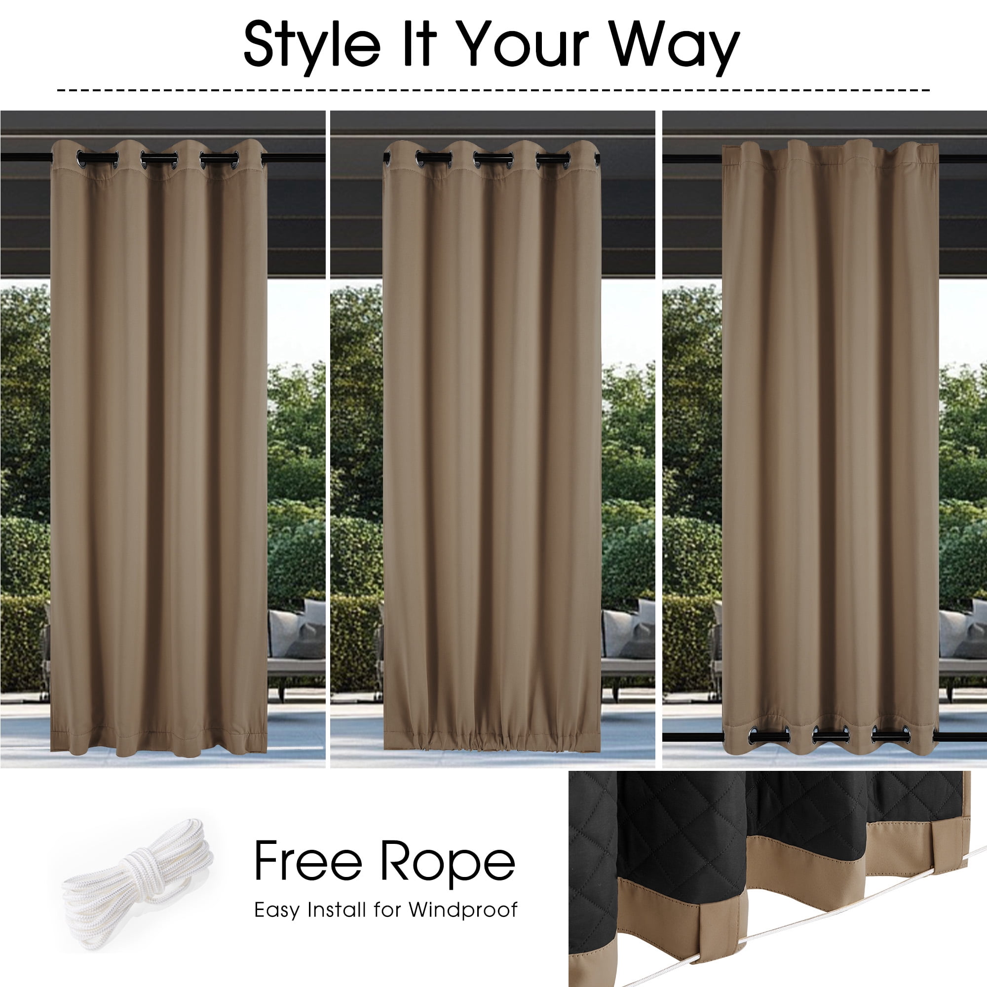 NICETOWN Outdoor Curtain Thermal Insulated Windproof for Winter, Top Grommet & Bottom Backtab Quilted Heavy Duty Cold Blocking Drapes, Tan, W52 x L96, 1 Panel