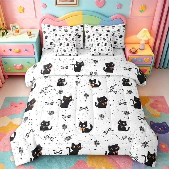 jejeloiu Black Cat Ribbon Bow 7-Piece Twin Bedding Sets Kids,White Floral Print Bedding Comforter Set,Reversible