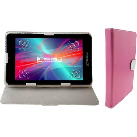 LINSAY 7" Quad Core Android 6.0 Tablet Bundle with Pink White Leather Case Dual Cameras