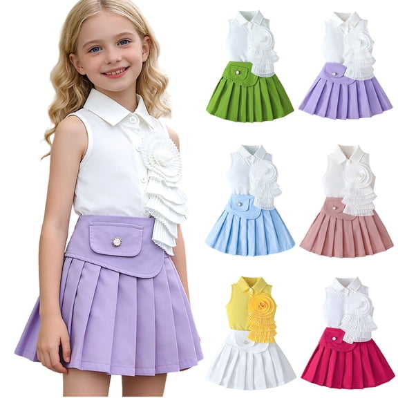 HBGVBA Girl's 2 Piece Skirts Set,Tank Top and Pleated Skirt Outfit,Toddler Sleeveless Fashion Top Solid Pleated Skirt Set